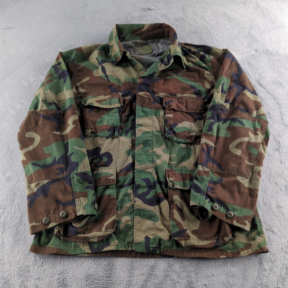 Vintage 90s US Military Jacket Mens XL Long Woodland Camo BDU Field Combat Shirt